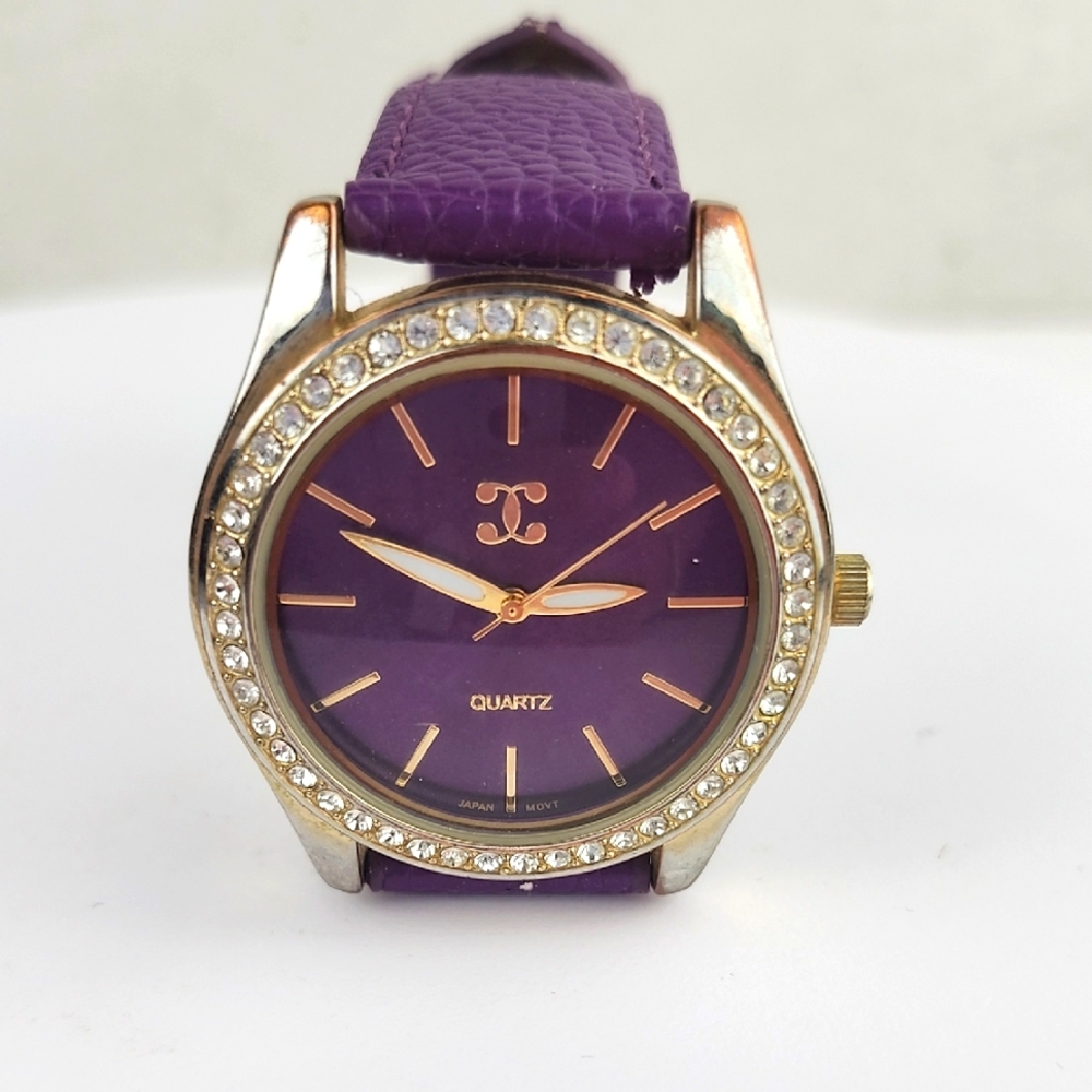 Quartz Gold Purple Watch With Rhinestones